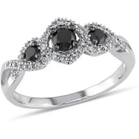 Carat T.W. Fekete -fehér gyémánt 10KT fehérarany három kő eljegyzési gyűrű