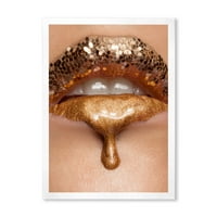 Designart „A nők közeli képe az arany folyékony ajkak sminkje” modern keretes művészeti nyomtatás