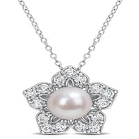 Fehér édesvízi tenyésztett gyöngy és 1- karát T.G.W. Létrehozta a fehér zafír sterling ezüst virág medál lánccal
